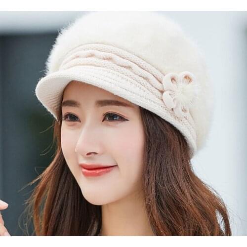 Women Winter Beret Hat Rabbit Fur Knitted Elegant Thick Warm Flat Cold Fleece Beret Fashion Autumn Solid Beanies Cap Hats Bone