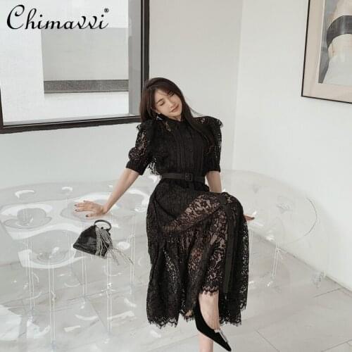 High-End Lace Single-Breasted Design Maxi Dresses for Women High Waist Slimming Elegant Dress 2021 Fashionable French Dress Set