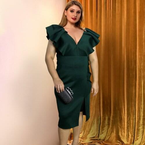 Sexy Deep V Open Back Wood Ear High Waist Bag Hip Slit XL Slim Fit Dress Female V-neck Mid-length Side Slits Ladies Evening Gown