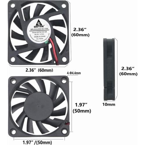 50 Pieces Gdstime DC 5V 6cm 60x60x10mm Cooling Fan 60mm 60mm*10mm Brushless Motor Cooler 6010