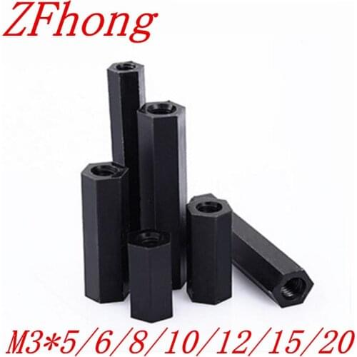 50pcs/lot M3*L L=5mm to 50mm Female Female black Hex Threaded Spacer Standoff PA66 Nylon Standoff For PCB Circuit Boards