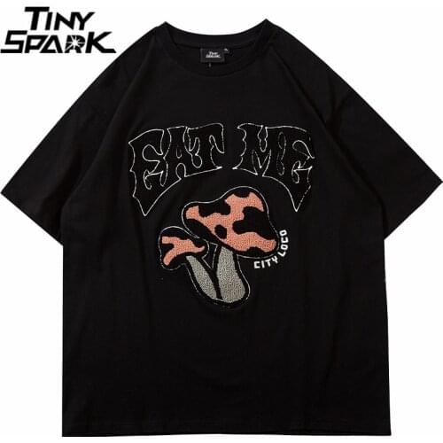 2021 Men Streetwear Harajuku T Shirt Hip Hop Mushroom Letter Tshirt Fashion Summer Cotton Loose Short Sleeve Tops Tees Black