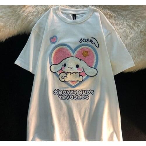 Flocking Kawaii Dog Print T-Shirt Harajuku Casual Loose Summer WomenS T-Shirt Cute Sweet Aesthetic Oversized Tops Streetwear