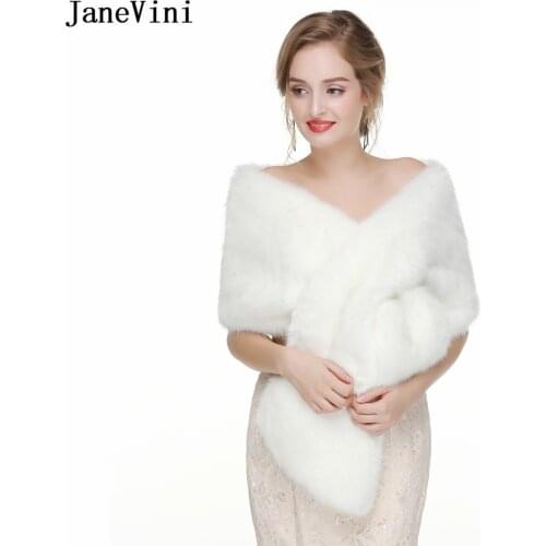 JaneVini White Winter Bridal Jacket Faux Fur Bruid Cape Wrap Bride Coat Ivory Gray Party Boleros Jacket for Dress Chal Blanco
