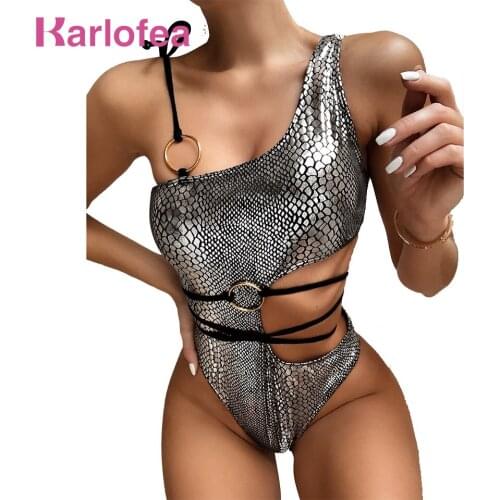 Karlofea 2020 Mujer Sexy Bathing Suit Chic Print One Shoulder One Piece Suit Fashion Beach Party Swimsuit Hollow Out Swimwear