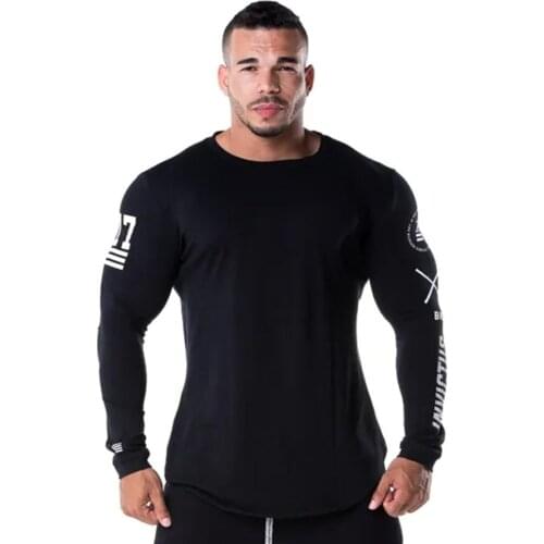 Men Skinny Long sleeve Shirts Spring 2019 Casual Fashion Printed T-Shirt Male Gyms Fitness Black Tee shirt Tops Brand Clothing