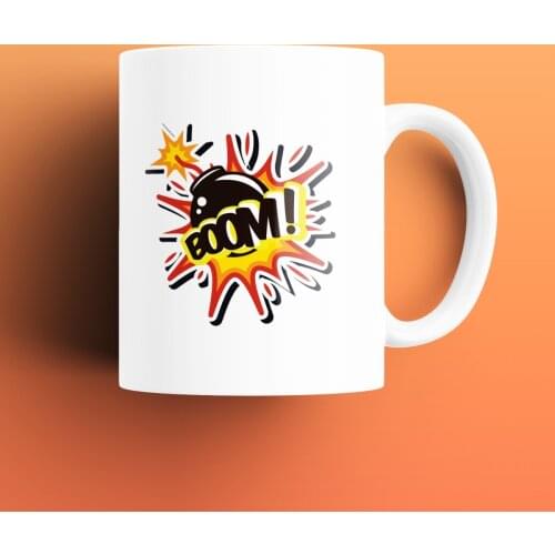 Boom Sticker Patterned, Printed White Mug Cup, Porcelain Raw Material, Handle, Gift Product, quality Mug and Printing