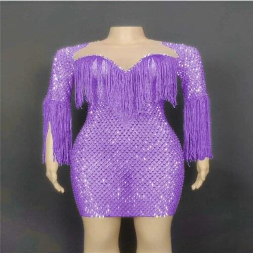 H34 Outfits Tassel Mermaid Costume Mesh Rhinestone Leotard Dress Crystal Charming Short Skirt Diamond Long Sleeve Various Colo