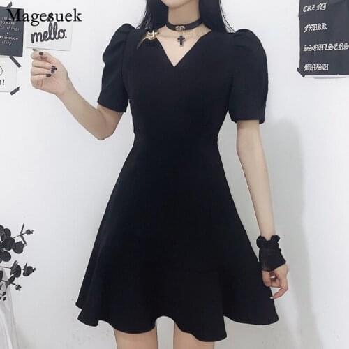 Japanese Style Cute Black Dress Female Summer V-neck A-Line Short Dress Women M-4XL Loose Slim Party Short Sleeve Dresses 15693