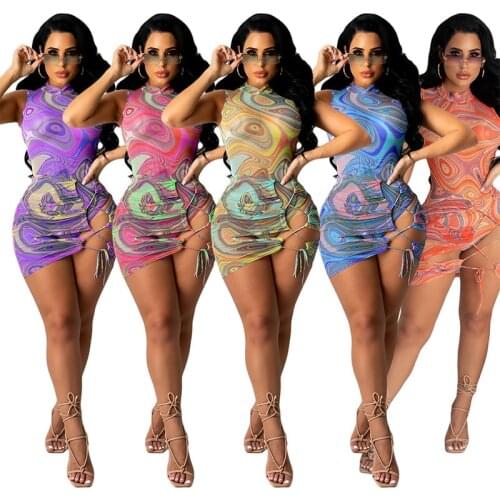 Sexy Mesh Sheer Two Piece Set For Women Turtleneck Sleeveless Jumpsuit And Bandage Mini Dress Nightclub Beach Wear S-XXL