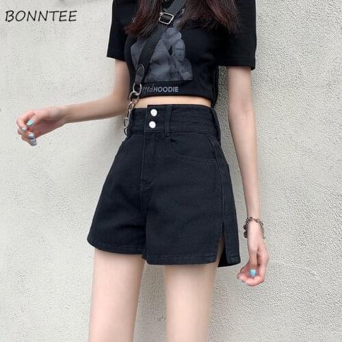 Shorts Women Denim Button Design Wide Leg Trousers Summer Black Korean Style New Basic Side Split Fashion Casual Preppy Chic Ins