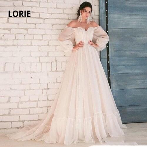 LORIE Off the Shoulder Long Sleeve Wedding Dresses Boho 2020 Chiffon Bridal Gowns Beach Back Lacing Princess Party Dress Ivory