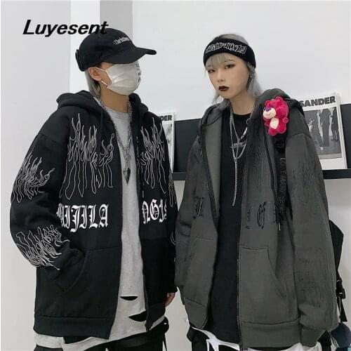 Harajuku Unisex Black Gray Gothic Hooded Sweatshirt Women Zip-up Loose Fire Print Front Pocket Hoodies Dark Goth Man Street Top