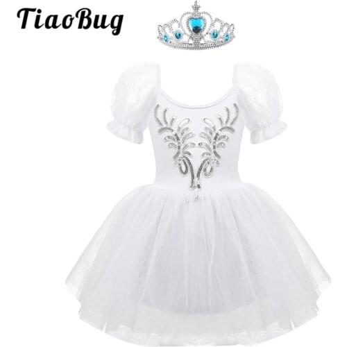 TiaoBug Kids Short Puff Sleeves Sequins Mesh Ballet Tutu Dress with Crown Headband Set Dancewear Girls Stage Performance Costume