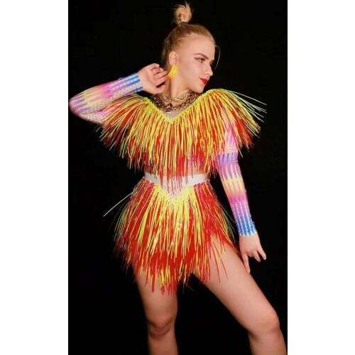 Women Singer Stage Wear Outfit Orange Plastic Bodysuit Nightclub Show Leotard Party Colorful Bodysuit Performance Clothes