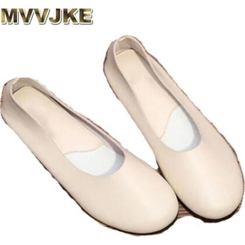 MVVJKE Genuine Leather Women Plus Size Sewing Flat Moccasins Loafers Ballet Flats