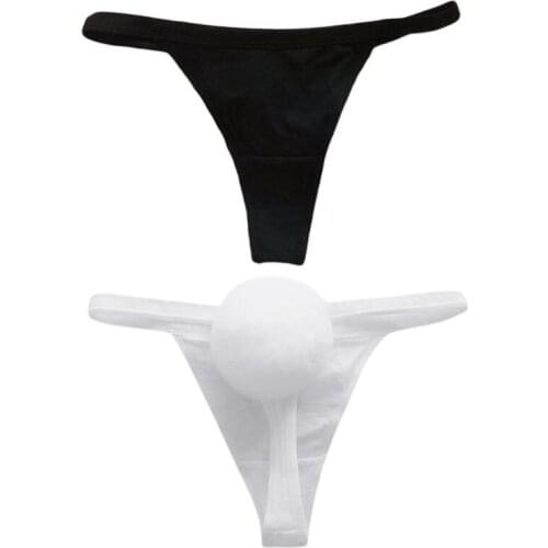 Womens Temptation Cosplay Bunny Girl Underwear Removable Rabbit Hair Pompom Ball Tail G-String Low Waist Cotton Solid Color