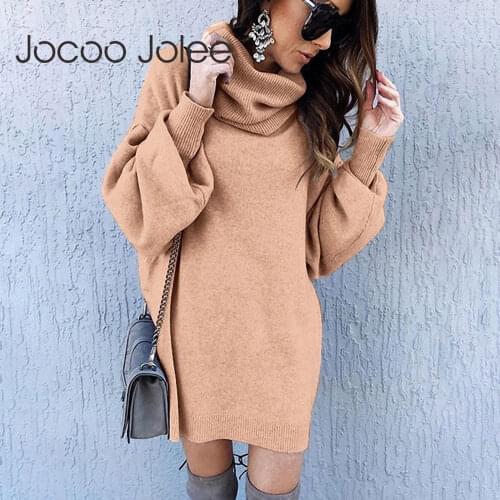 Jocoo Jolee Elegant Knitted Dress Autumn Winter Turtleneck Lantern Long Sleeve Loose Sweater Dress Vintage Solid Mini Dress 2020