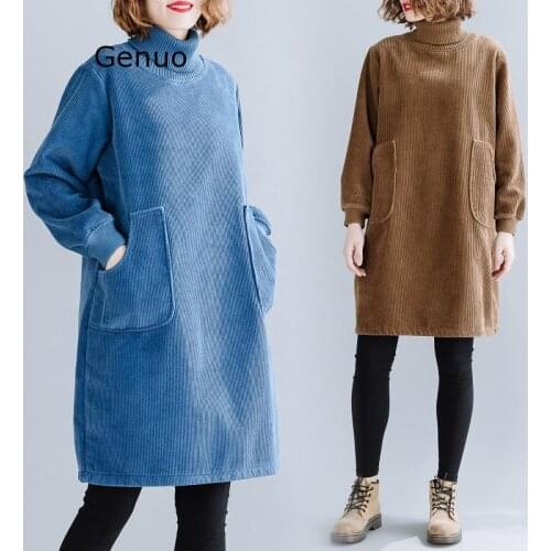 Long Sleeve Plus Size Corduroy Vintage Women Casual Loose Mini Short Autumn Winter Elegant Dress Clothes 2020 Ladies Dresses