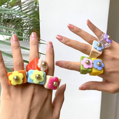 Korean Cute Candy Color Flower Ring for Women DIY Vintage Sweet Fashion Harajuku Rings Charms 90s Aesthetic 2021 New Y2K Jewelry