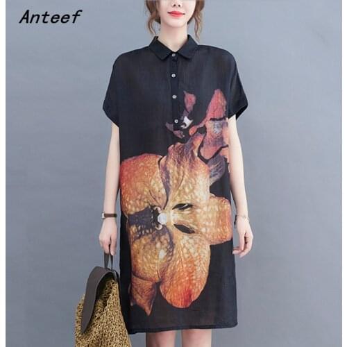 Short sleeve cotton linen vintage floral dresses for women casual loose midi woman summer dress elegant clothes 2021