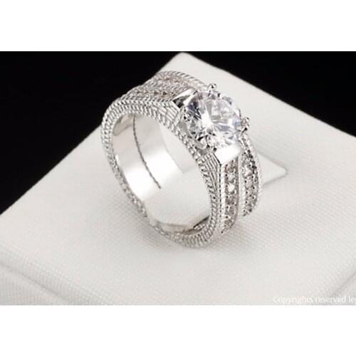 2 Pcs/Set New Fashion Silver Plated Round Cut Clear CZ Crystal Rhinestones Wedding Bridal Ring Set Jewelry #257049