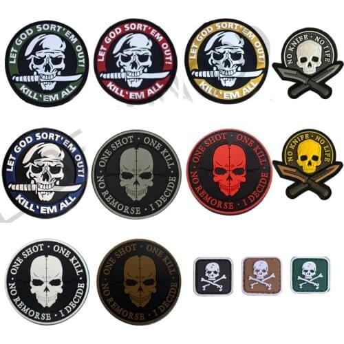 Skull PVC Rubber Patches No Knife No Life Tactical Military Decorative Patch One Shot One Kill Combat Badges For Clothing Cap