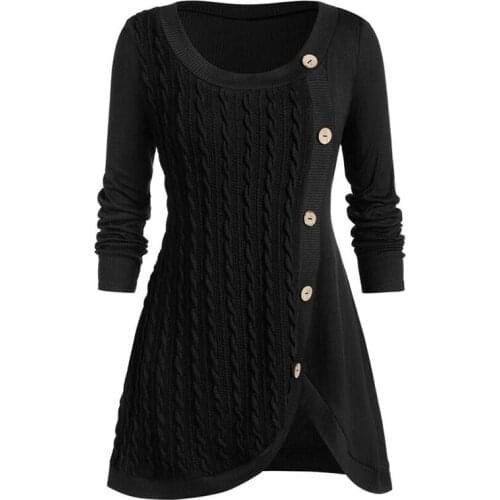Black Sweater Dress Female Winter Warm Thick Irregular Sweater Knitted Dress Ladies Long Sleeve Button O Neck Sweater Plus Size