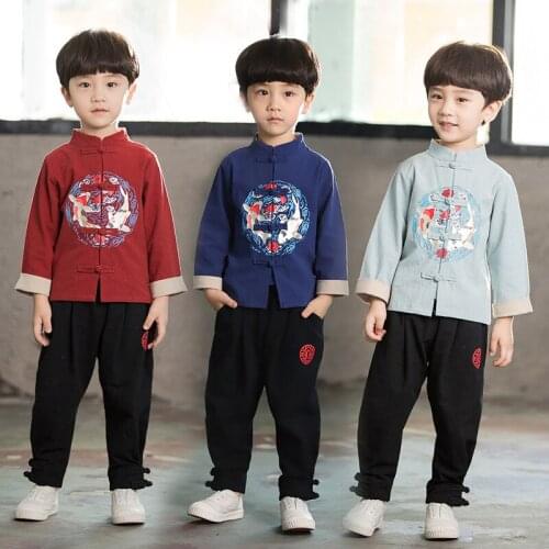 Children Hanfu boy Chinese style Tang suit autumn retro style buckle printing cute Hanfu three-color suit cosplay 2021 new