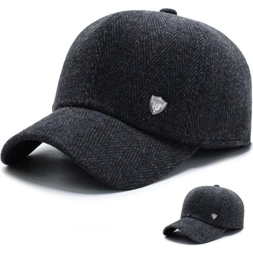 Mens Winter Warm Wool Woolen Tweed Peaked Baseball Cap Hat with Fold Earmuffs Warmer Men Hunting Dad Hats Sports Earflap Unisex