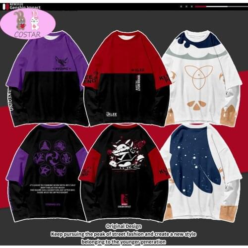 Genshin Impact Klee Diluc Keqing Qiqi Venti Paimon Fischl Fleece Fake Two Pieces Cosplay Costume Pullover Top Tee Unisex 2020