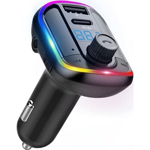 T829 Bluetooth 5.0 FM Transmitter for Car,Adapter Receiver with 10 Colors Ambient Light, PD 18W Fast Charge Mp3 Player
