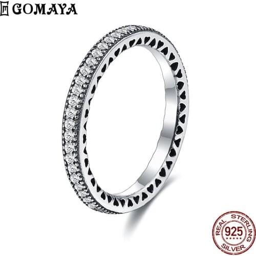 GOMAYA 925 Sterling Silver Hearts Ring 5A Clear Cubic Zircon Fine Stackable Vintage Classic Luxury For Women Engagement Jewelry