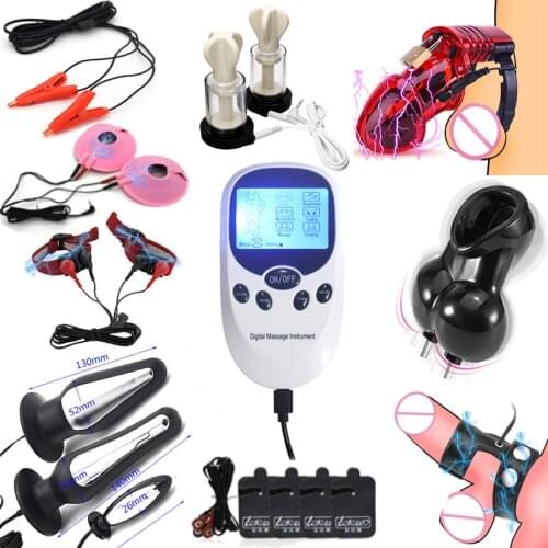 USB Charging Host,Electric Shock Anal Vaginal Plug Chastity Cage Scrotum Sleeve Electro Stimulation Nipple Clamps Adult Sex Toys