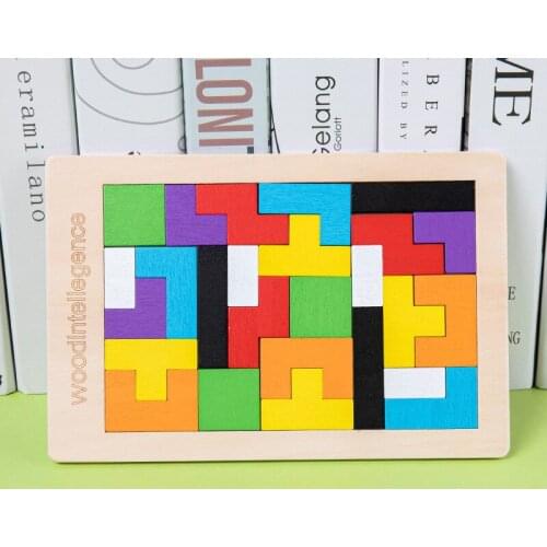 Colorful 3D Puzzle Wooden Tangram Math Toys Tetris Game Children Pre-school Magination Intellectual Educational Toy for Kids