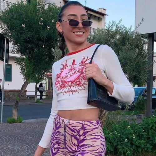 Long Sleeve T-shirt Crop Tops Women 2021 Summer Autumn Vintage Printed Basic Tee Tops Casual Slim Fit Shirts Female