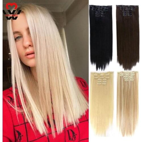 MANWEI 6Pcs/Set Long Silky Straight Ombre Grey Synthetic Clip In Hair Extensions 16Clips Fake Hair Natural 22'' Heat Resistant