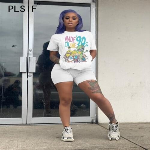 Cute style women tracksuits letters / cartoon pattern design short sleeve tops + tight shorts 2 piece set casual outfit