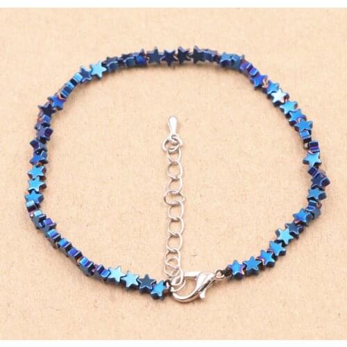 Multi Natural Hematite Stone Charms Bracelet Star Pentagram Mens Bangle Hematites Beads Bracelets for Women Jewelry 7.5"A888