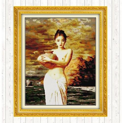 Girl Holding Pottery Cross Stitch Kit Handmade DIY Needlework Crafts 14CT 11CT Counted Stamped DMC Cotton Thread Printed Canvas