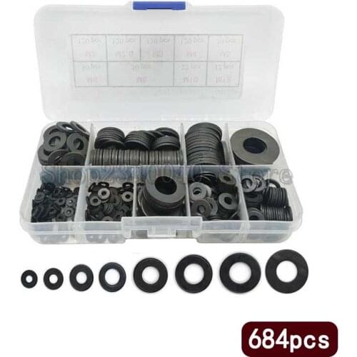 Plain Flat Washer Set M2 M2.5 M3 M4 M5 M6 M8 M10 M12 Carbon Steel Washers Black Gaskets Assortment Kit Ring 684pcs