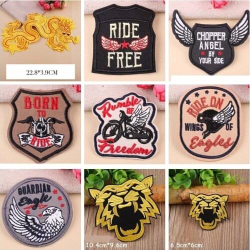 Ride Free Bikers Patches for Clothes Iron on Embroidered Applique Skull Patch Badges Garment DIY Dragon Tigers Apparel Accessory