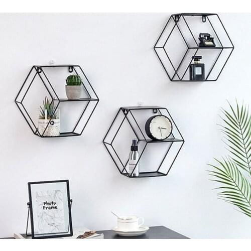 Nordic StyleIron Hexagon Grid Wall Racks for Home Decor Crafts Background Wall Mounted Hanging Decor Storage Rack Holder Shelf