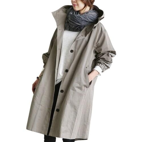 New Solid Color Casual Windbreaker overcoat Korean Hooded Collar Loose Autumn Winter Women Trench Plus Size Simple Women Coats