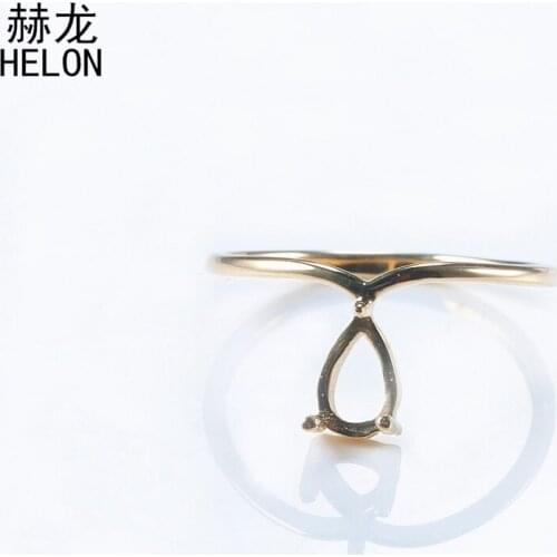 HELON Solid 14k Yellow Gold Elegant Women Engagement Wedding Ring Semi Mount 4x6mm Pear Cabochon Ring Fine Jewelry Setting