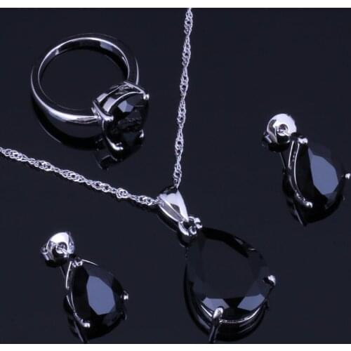 Enjoyable Water Drop Black Cubic Zirconia Silver Plated Jewelry Sets Earrings Pendant Chain Ring V0959