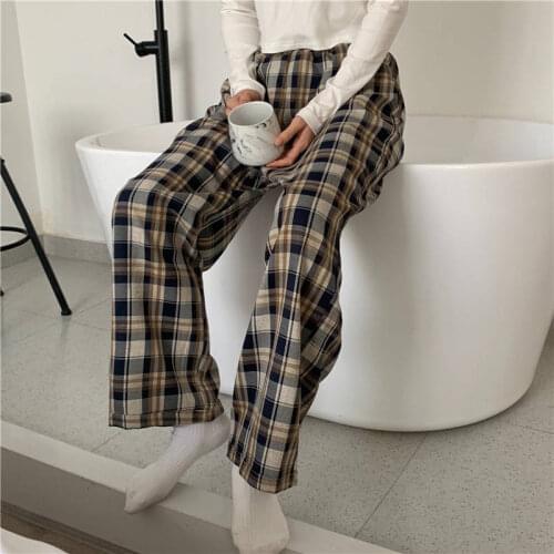 Richkeda Store New 2021 Sleep Bottom Home Pants Women Homewear Plaid Ankle Length Pajamas Wide-Leg Comfortable Elastic