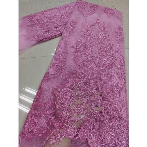 Pink Luxury Beaded Lace Fabrics 2021 French Sequins Fabric Embroidery Nigerian Tulle Mesh Lace For Bridal Dress VFM4999