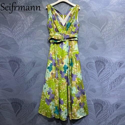 Seifrmann New 2021 Summer Women Fashion Designer Party A-Line Dress Sleeveless Sashes Elegant Print Ladies Long Dresses Vestidos