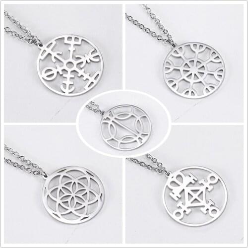 Teamer Women Flower of Life Pendant Necklace Aegishjalmur Helm of Awe Vegvisi Amulet Stainless Steel Chain Necklace Jewelry Gift